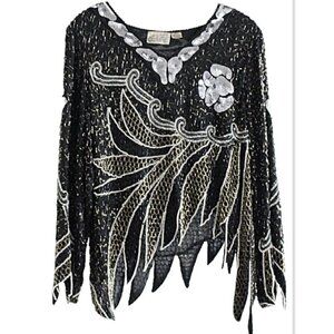 Vintage 1980s Maharaj Cotton Candy - Sequin Beaded Art Deco Top Blouse S M